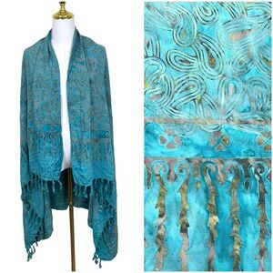 Tangerine Temple Batik Paisley Scarf Women Teal Blue Tassel Fringe Shawl Boho